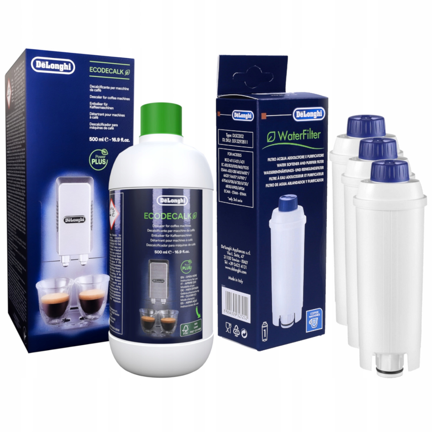 3× Delonghi vodný filter 5513292811 + Delonghi Ecodecalk DLSC500 odstraňovač vodného kameňa 500 ml
